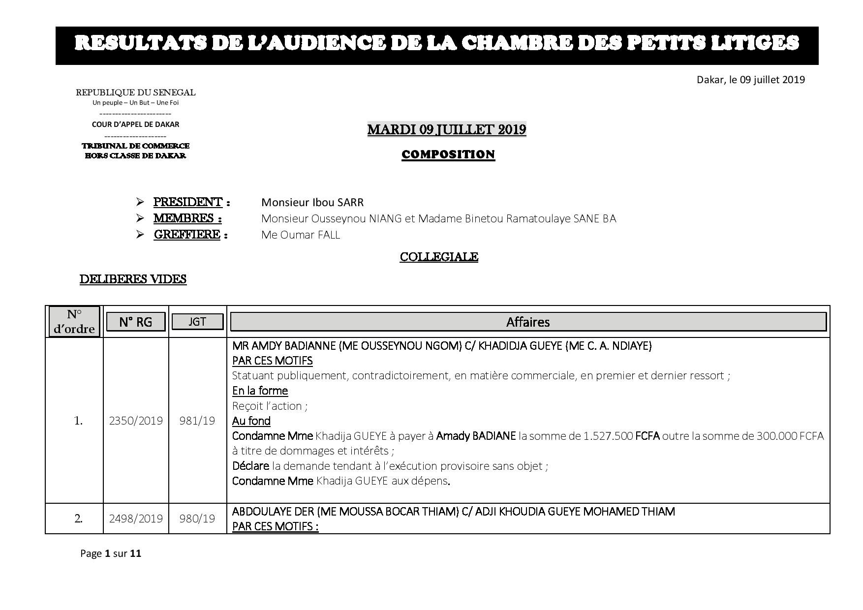 Tribunal du Commerce: Délibérés des Audiences du mardi 9 juillet 2019