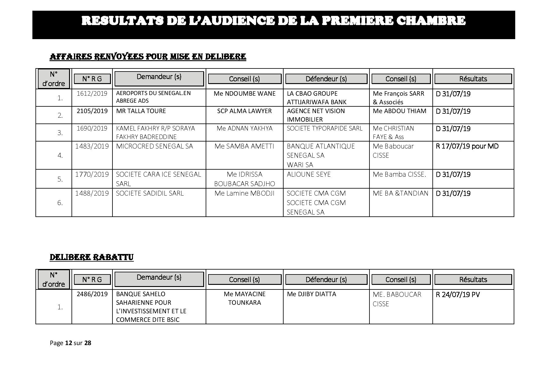Tribunal du Commerce : Délibérés des Audiences de la Première Chambre du mercredi 10 juillet 2019
