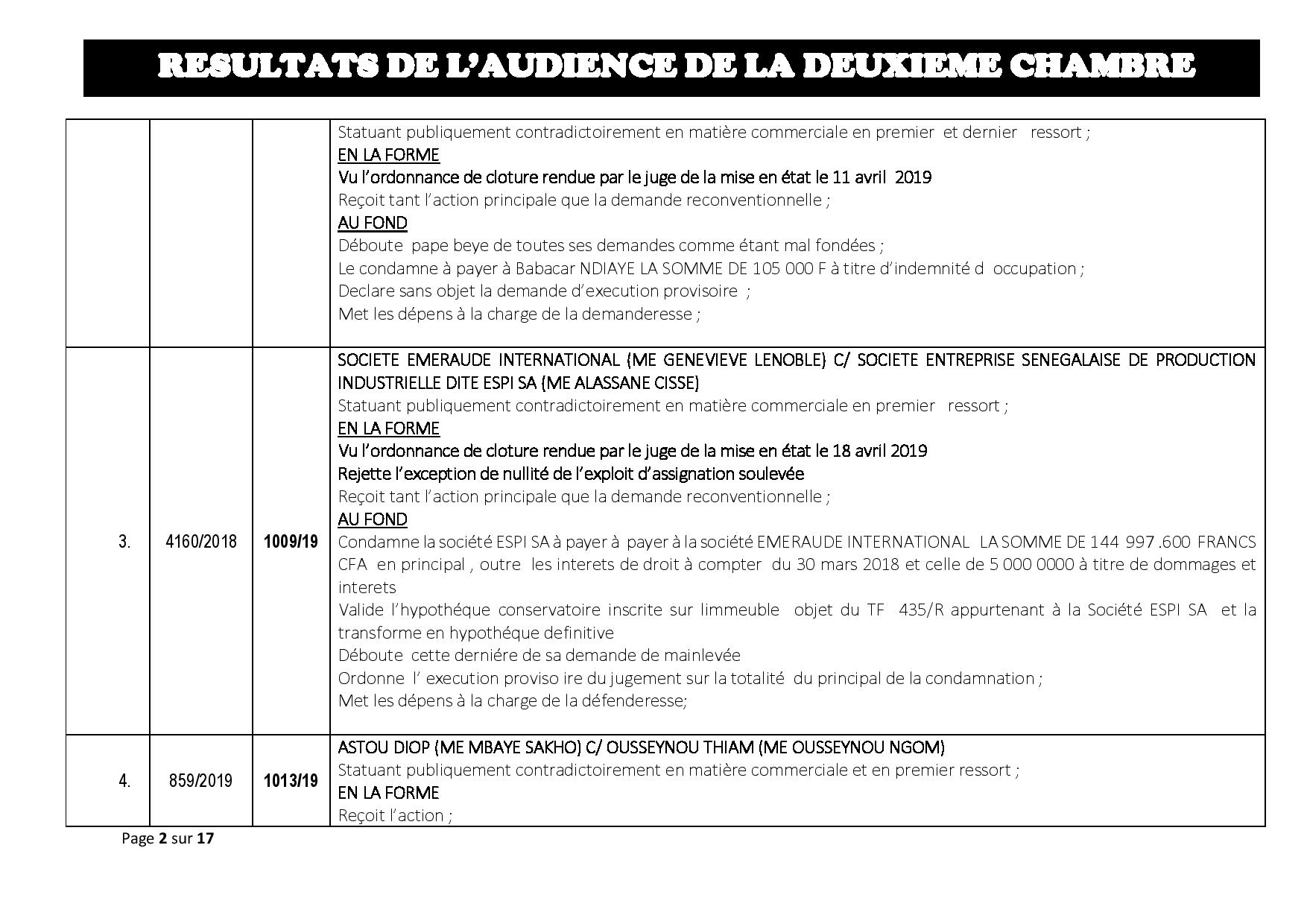 Tribunal du Commerce: Délibérés des Audiences de la 2e Chambre du jeudi 11 juillet 2019