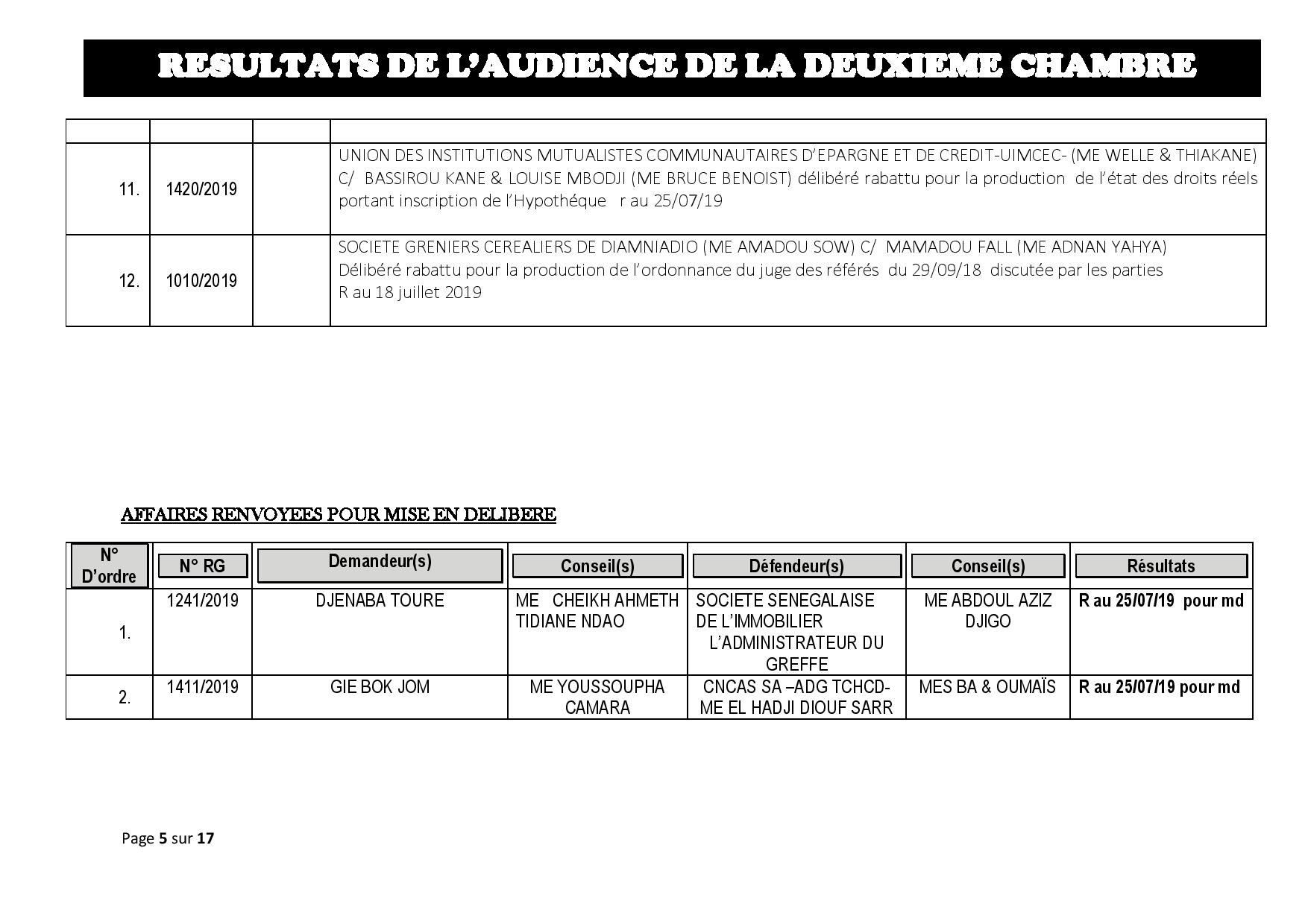 Tribunal du Commerce: Délibérés des Audiences de la 2e Chambre du jeudi 11 juillet 2019