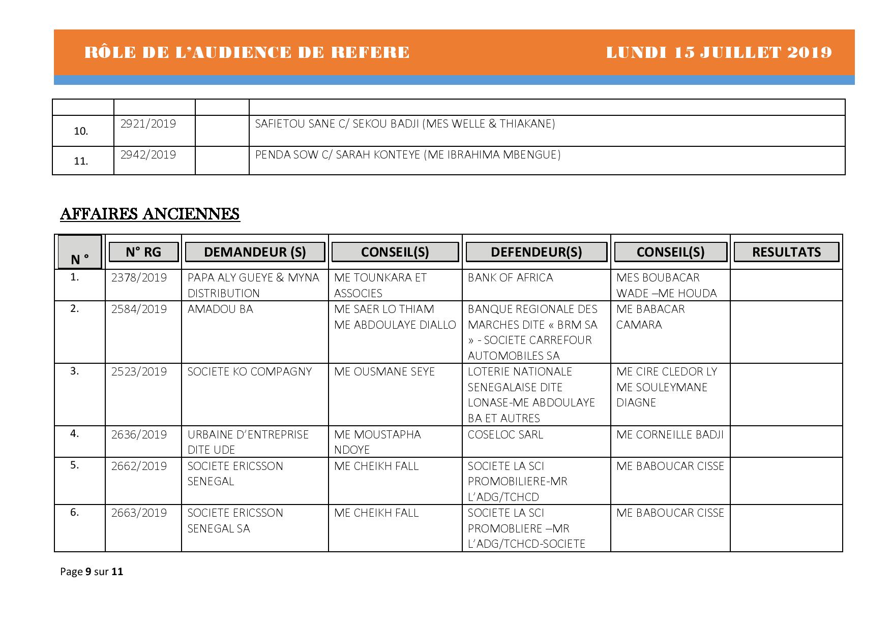 Tribunal du Commerce: Audiences des Référés de ce lundi 15 juillet 2019