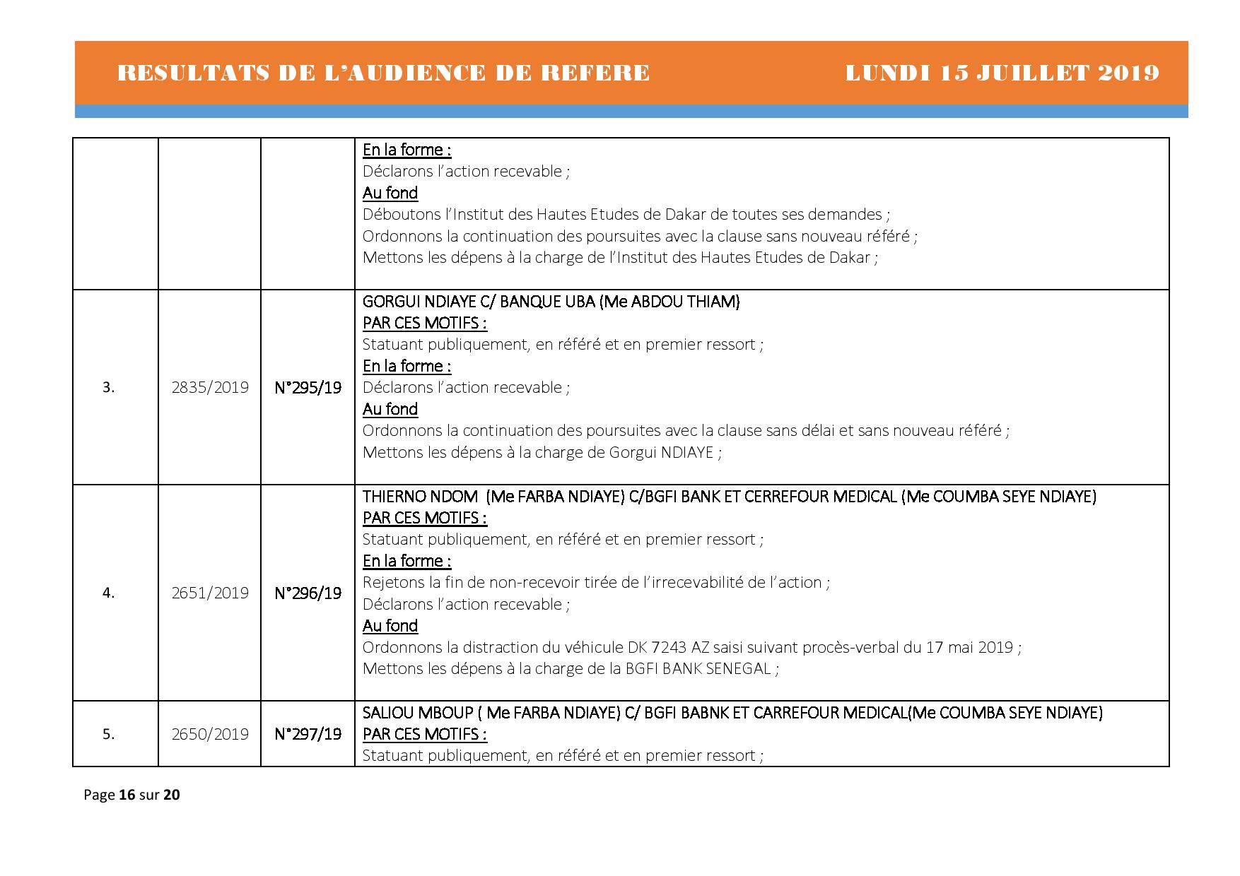 Tribunal du Commerce: Délibérés des Audiences du lundi 15 juillet 2019
