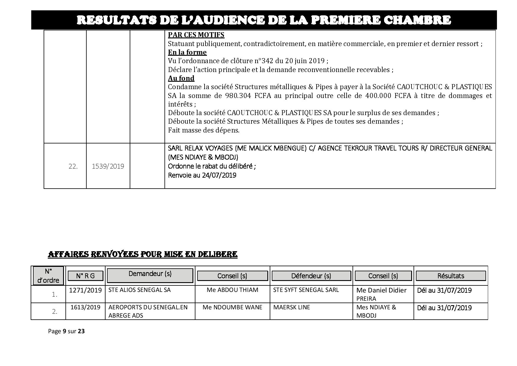 Tribunal du Commerce: Délibérés des Audiences du mercredi 17 juillet 2019