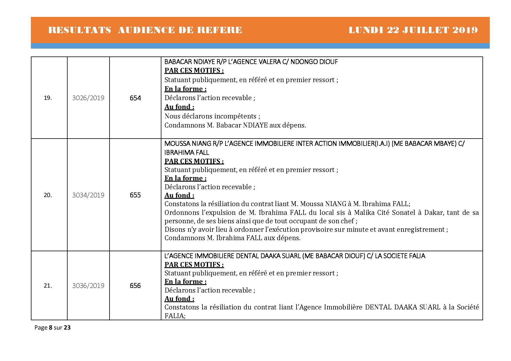 Tribunal du Commerce: Délibérés Audiences des Référés du lundi 22 juillet 2019