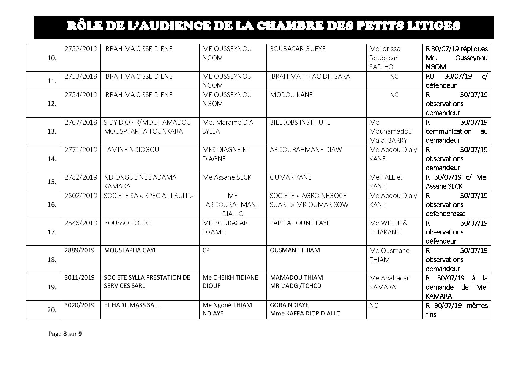 Tribunal du Commerce: Délibérés des Audiences du mardi 23 juillet 2019