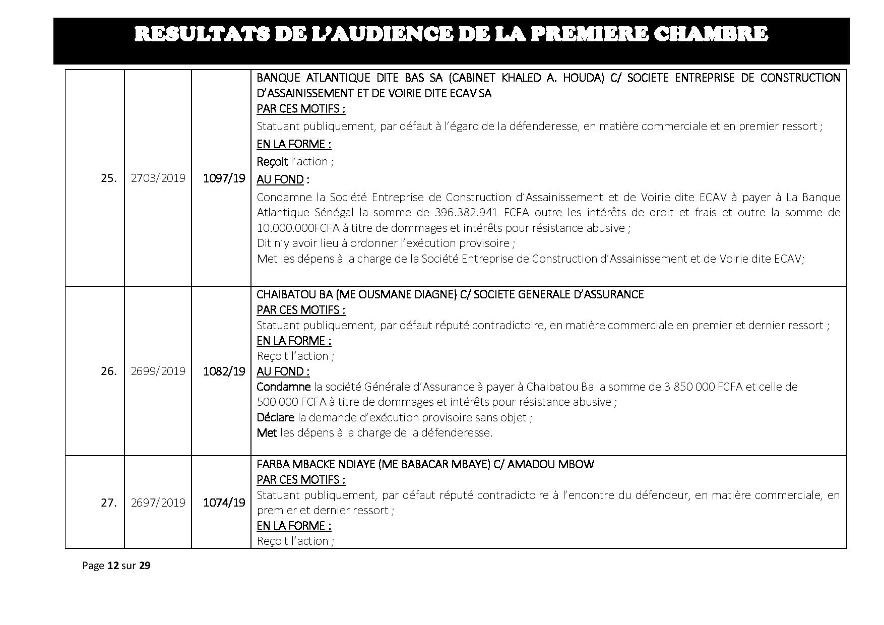 Tribunal du Commerce: Délibérés des Audiences du mercredi 24 juillet  
