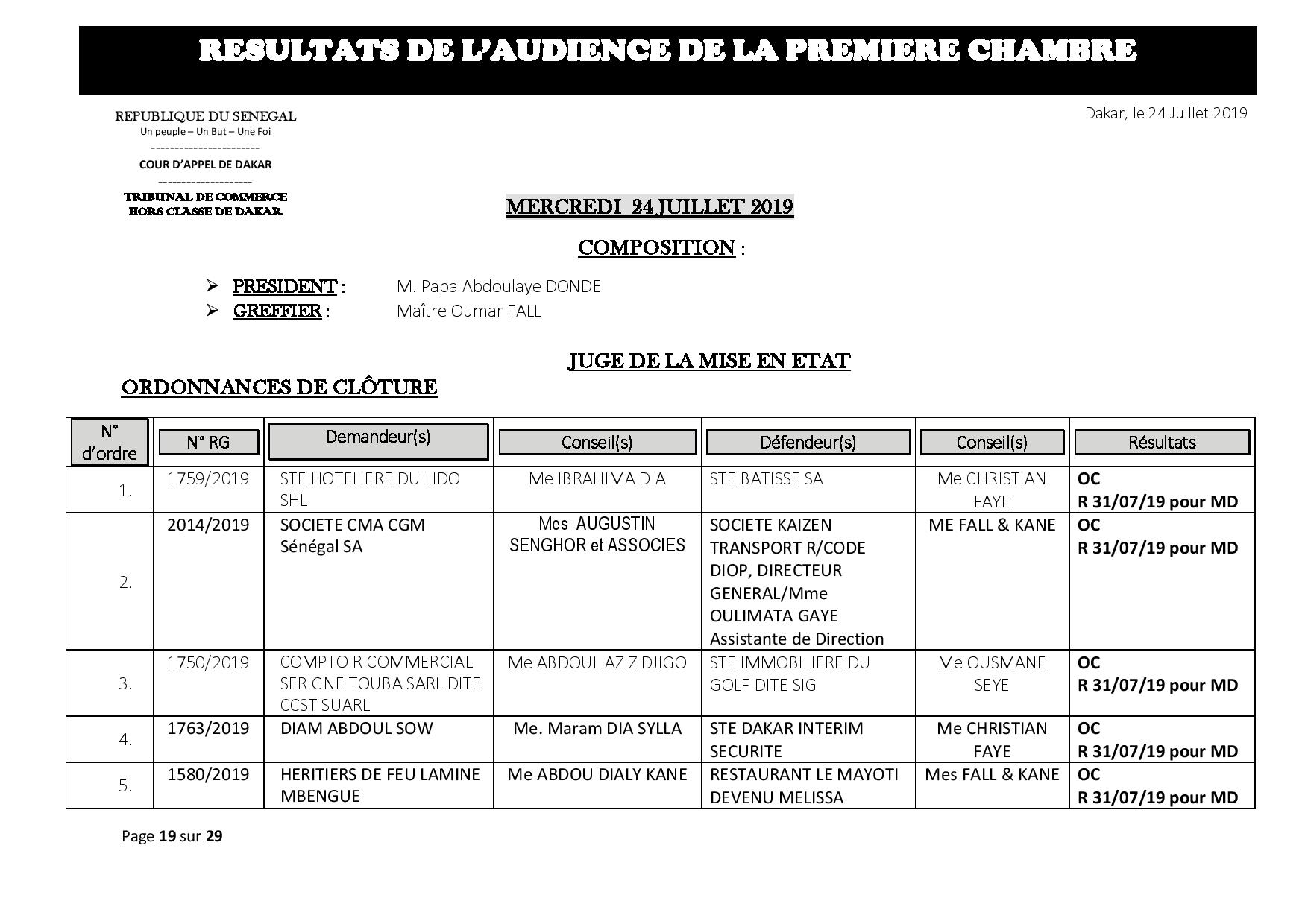 Tribunal du Commerce: Délibérés des Audiences du mercredi 24 juillet  