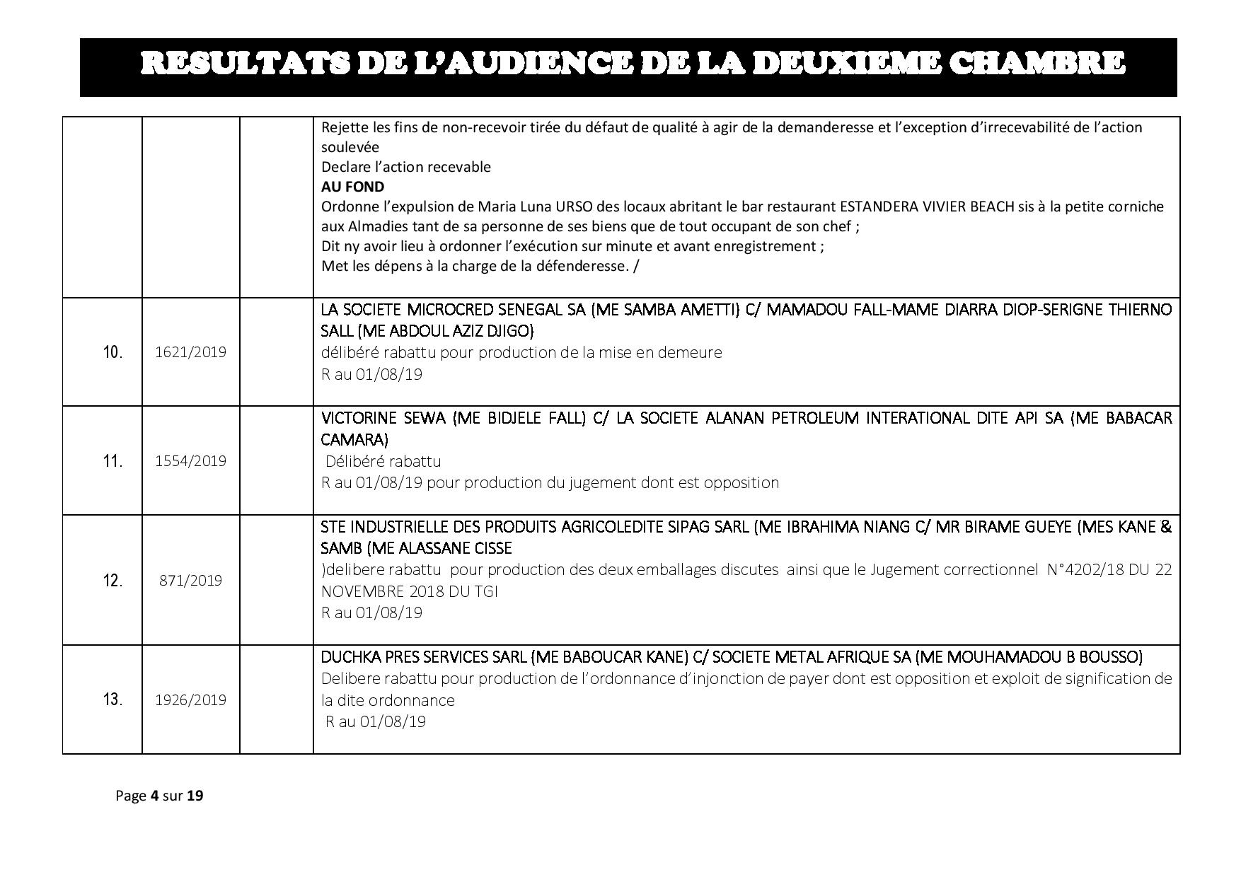 Tribunal du Commerce: Délibérés des Audiences du 25 juillet 2019
