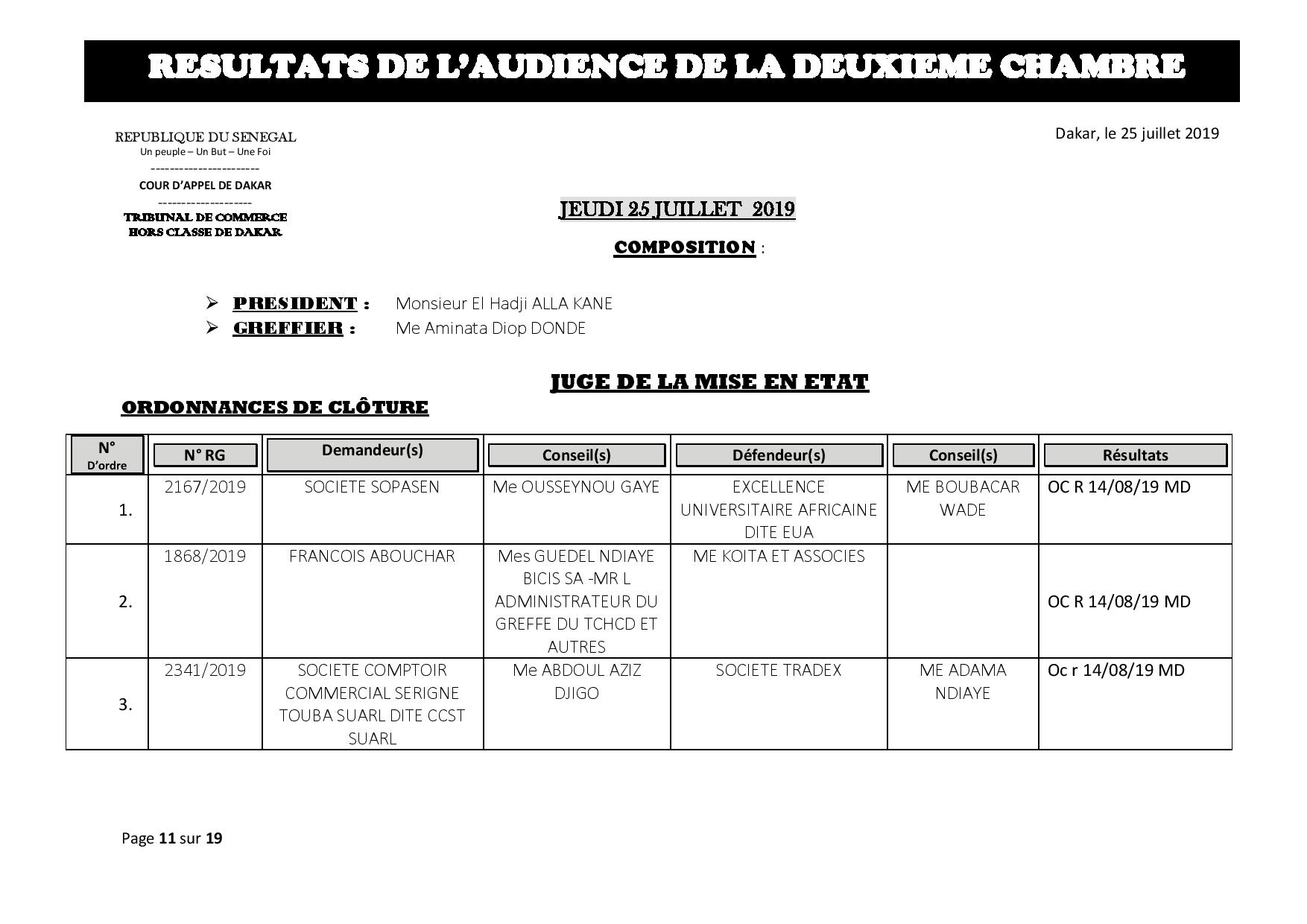 Tribunal du Commerce: Délibérés des Audiences du 25 juillet 2019