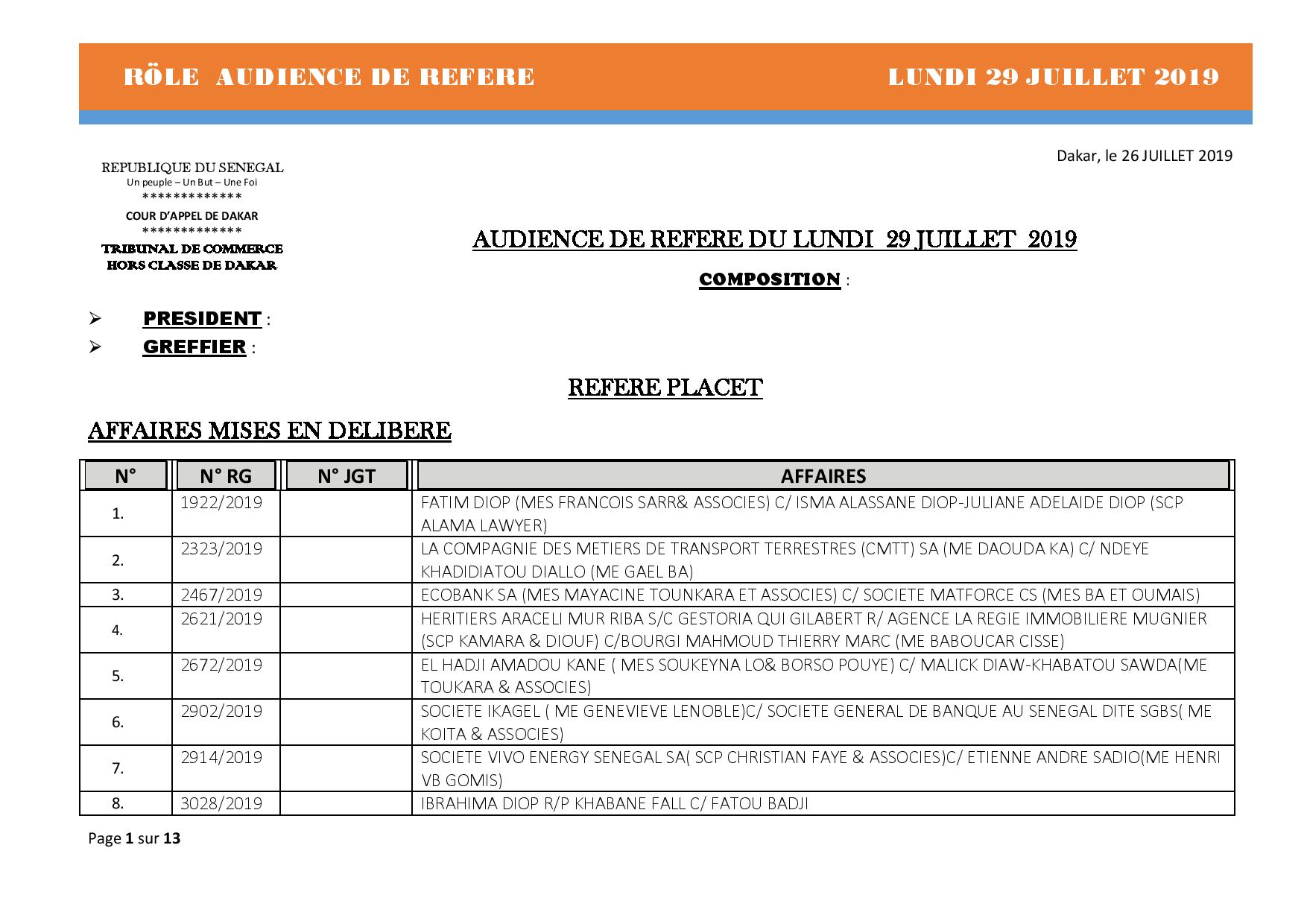 Tribunal du Commerce: Audiences des Référés de ce lundi 29 juillet 2019