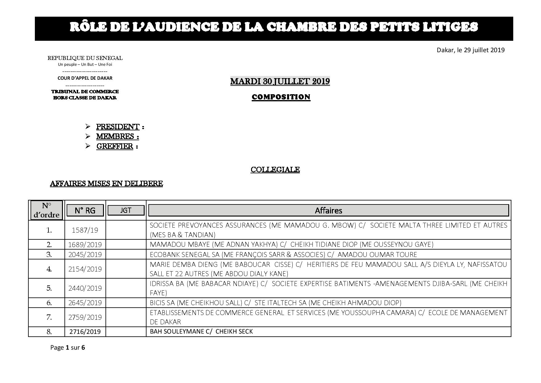 Tribunal du Commerce: Audiences de la Chambre des Petits Litiges de ce mardi 30 juillet