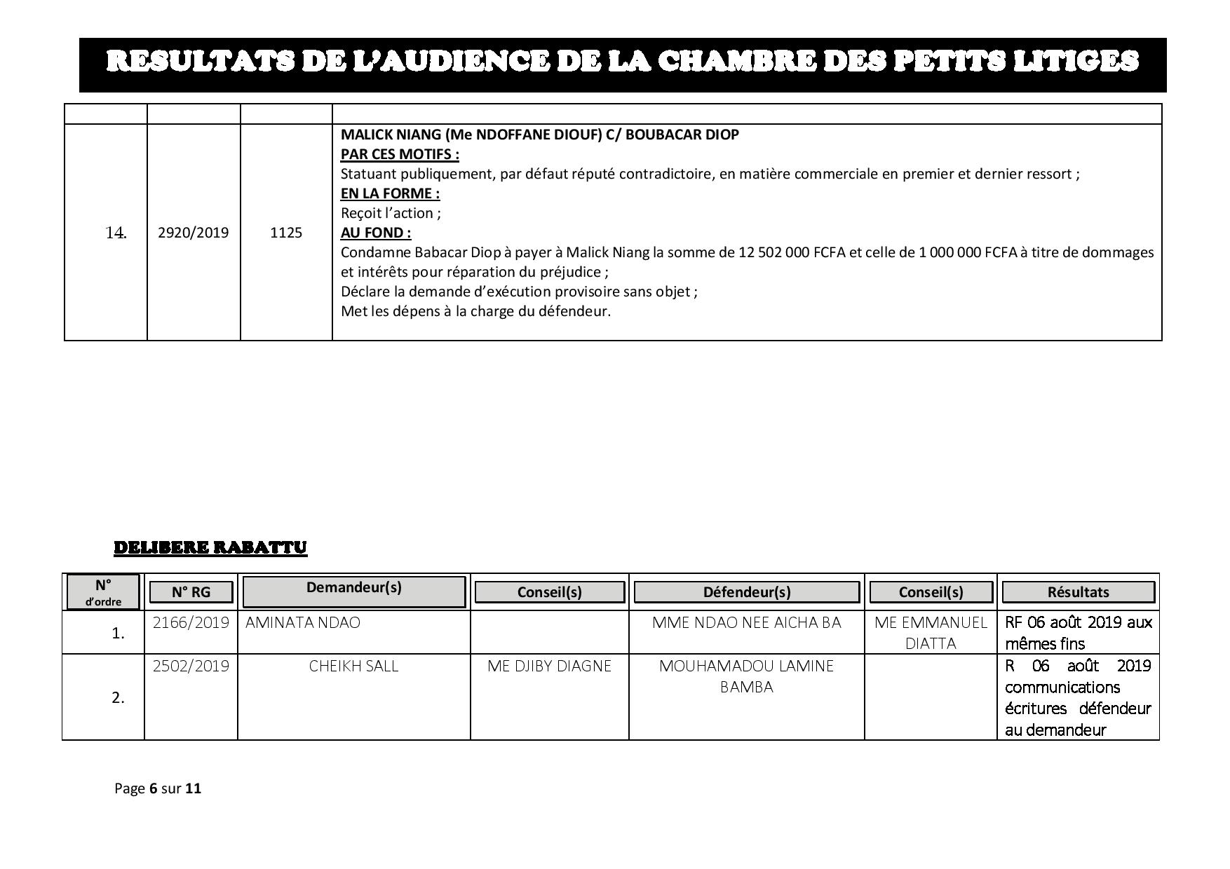 Tribunal du Commerce: Délibérés des Audiences du mardi 30 juillet 2019