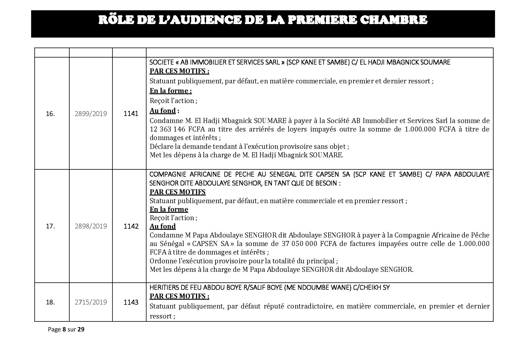 Tribunal du Commerce: Délibérés des Audiences du mercredi 31 juillet 2019