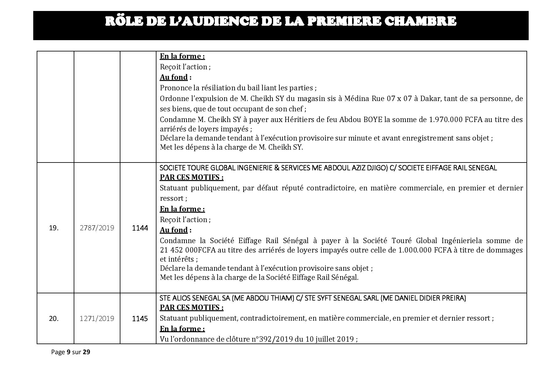 Tribunal du Commerce: Délibérés des Audiences du mercredi 31 juillet 2019