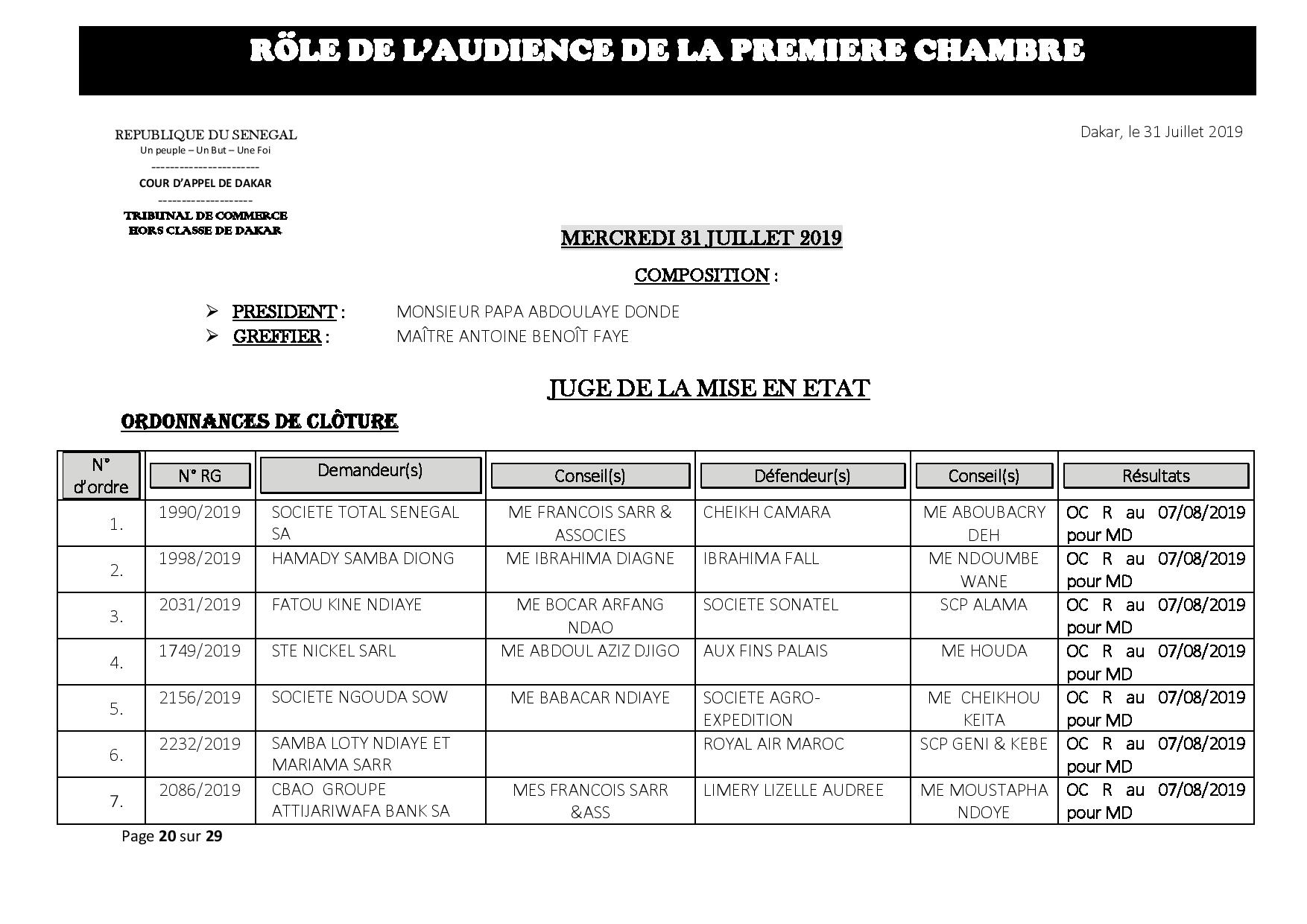 Tribunal du Commerce: Délibérés des Audiences du mercredi 31 juillet 2019