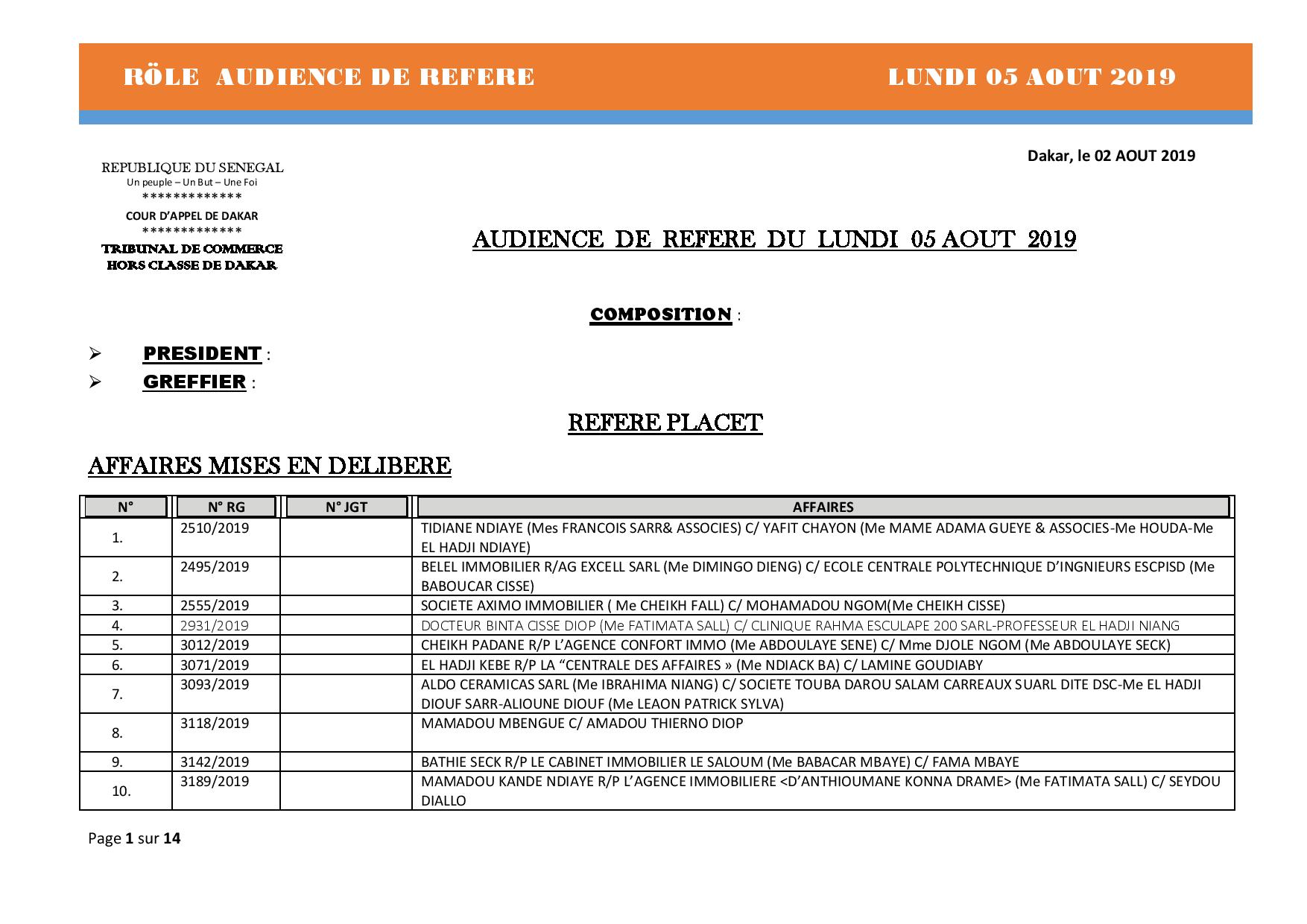 Tribunal du Commerce: Audiences des Référés de ce lundi 5 août 2019