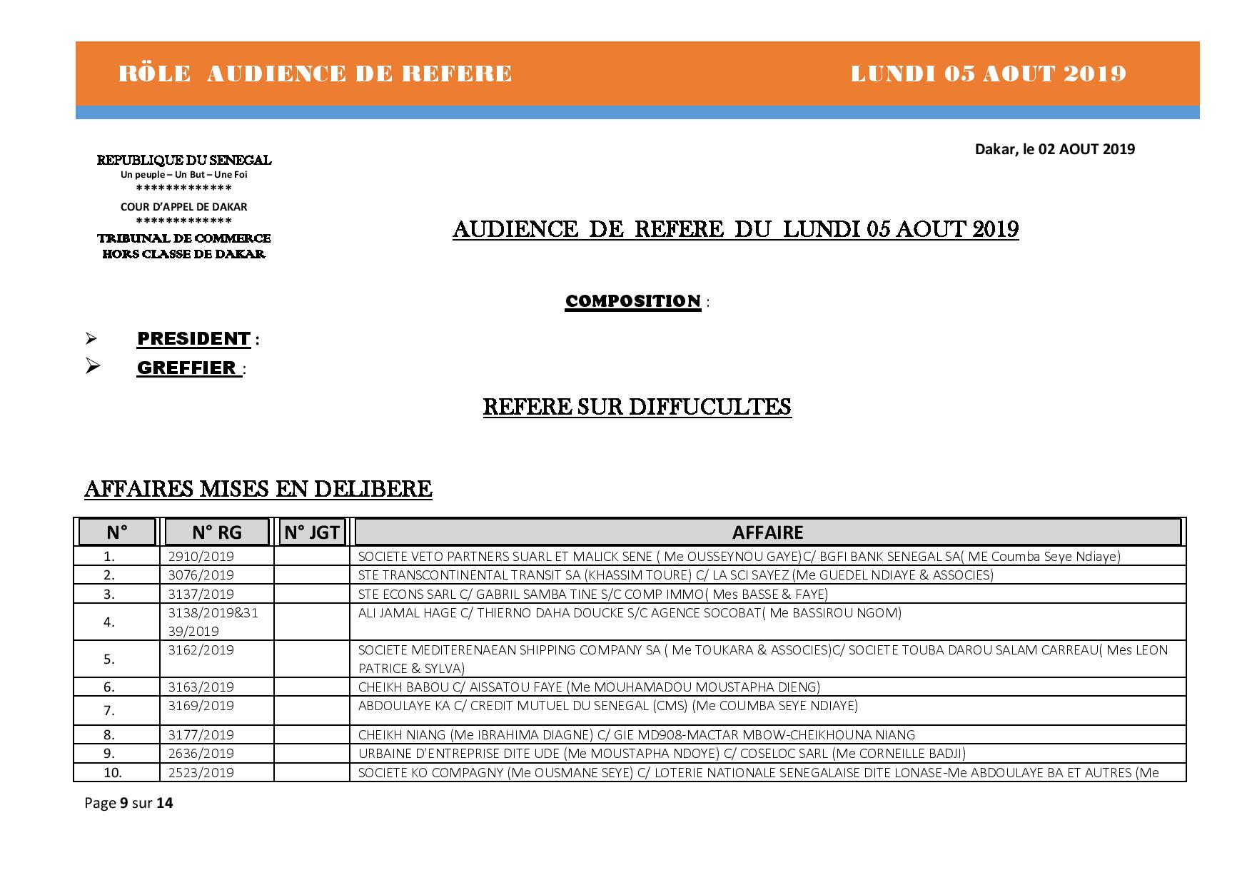 Tribunal du Commerce: Audiences des Référés de ce lundi 5 août 2019