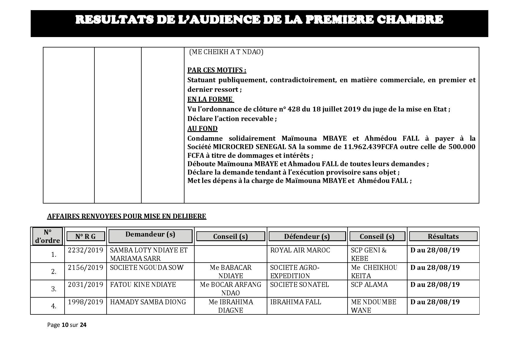 Tribunal du Commerce: Délibérés des Audiences du mercredi 7 août 2019