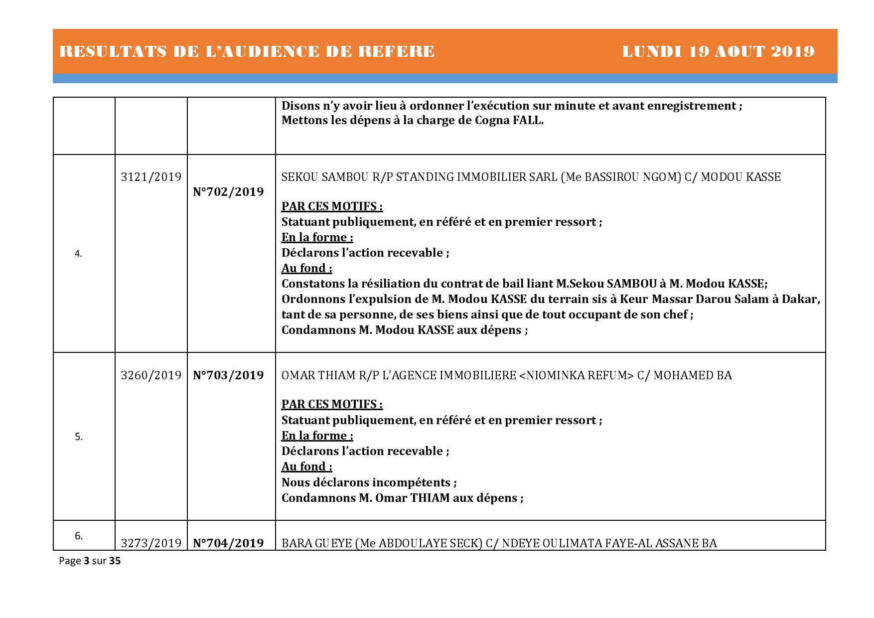 Tribunal du Commerce: Délibérés des Audiences du lundi 19 août 2019