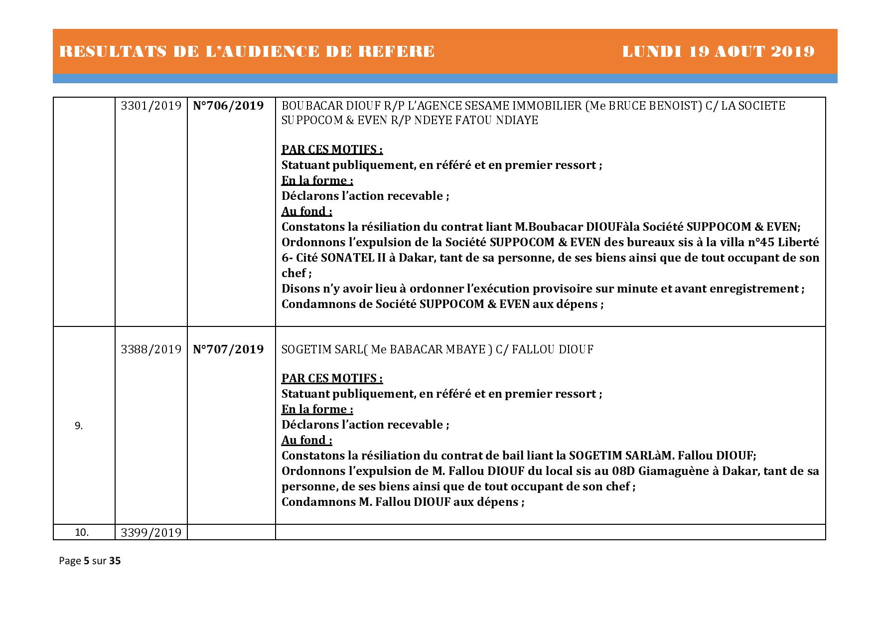 Tribunal du Commerce: Délibérés des Audiences du lundi 19 août 2019