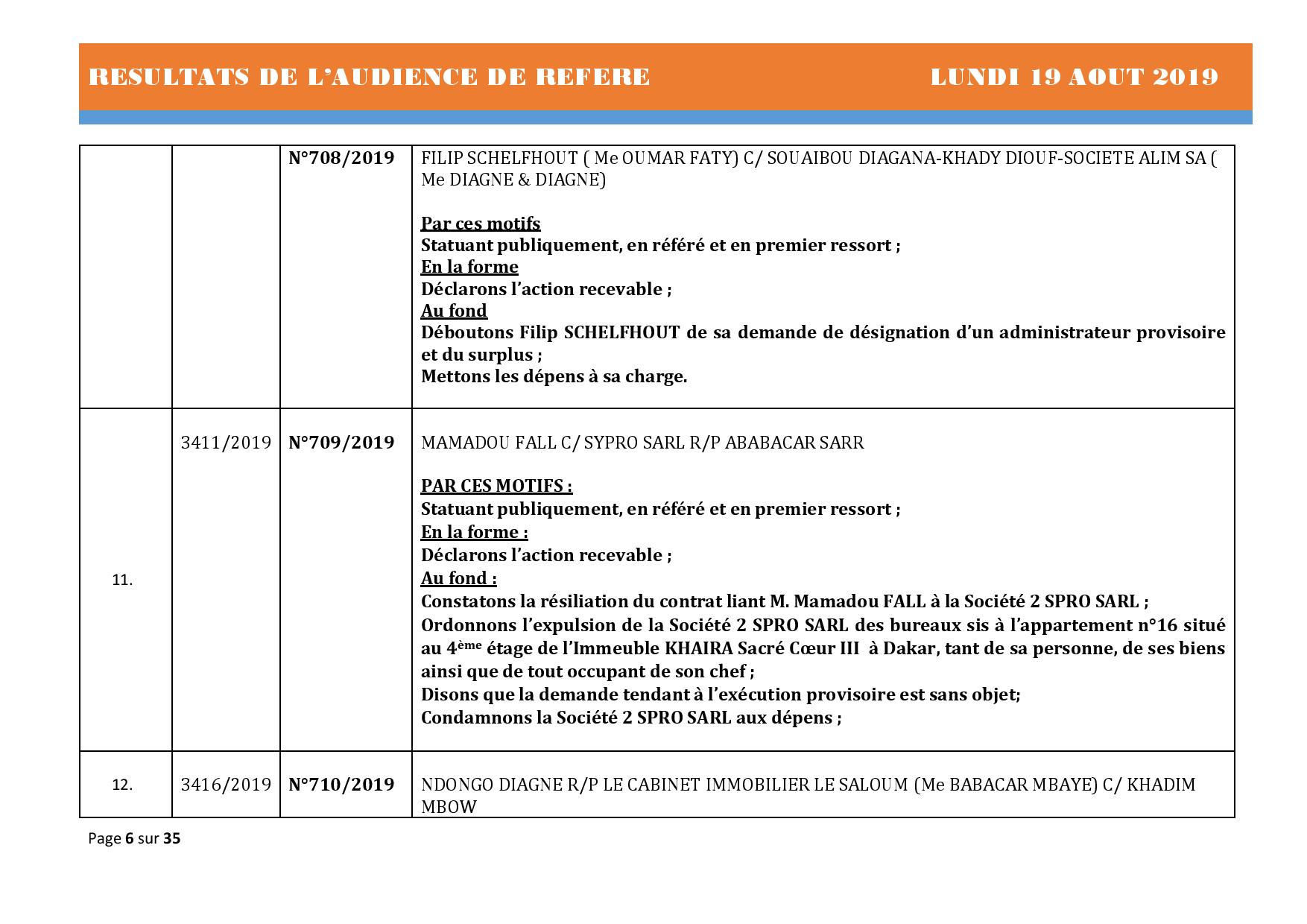 Tribunal du Commerce: Délibérés des Audiences du lundi 19 août 2019