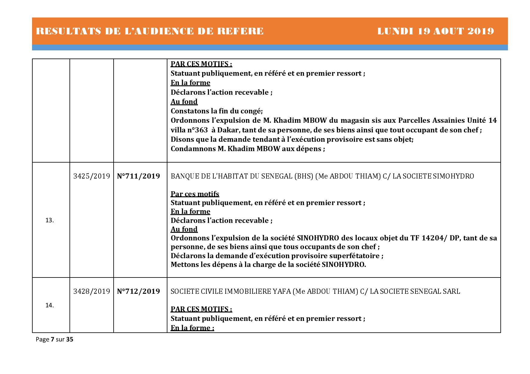 Tribunal du Commerce: Délibérés des Audiences du lundi 19 août 2019