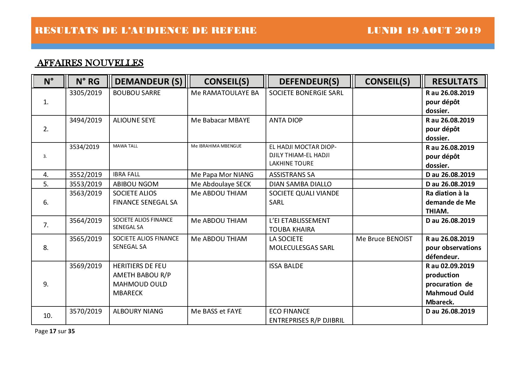 Tribunal du Commerce: Délibérés des Audiences du lundi 19 août 2019