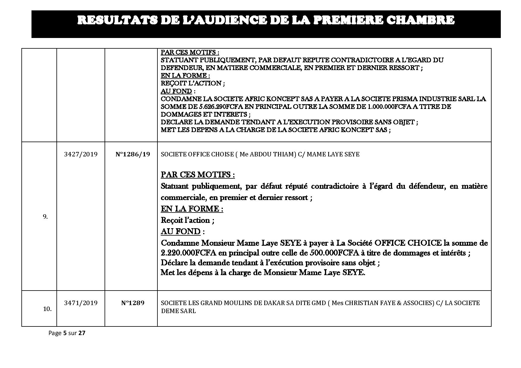 Tribunal du Commerce: Délibérés des Audiences du mercredi 28 août 2019
