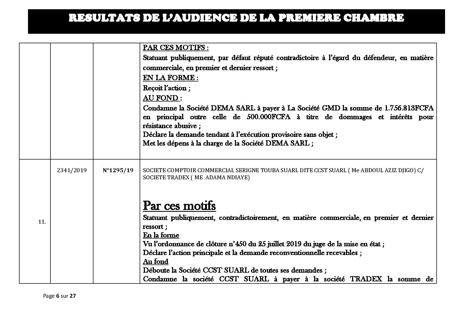 Tribunal du Commerce: Délibérés des Audiences du mercredi 28 août 2019
