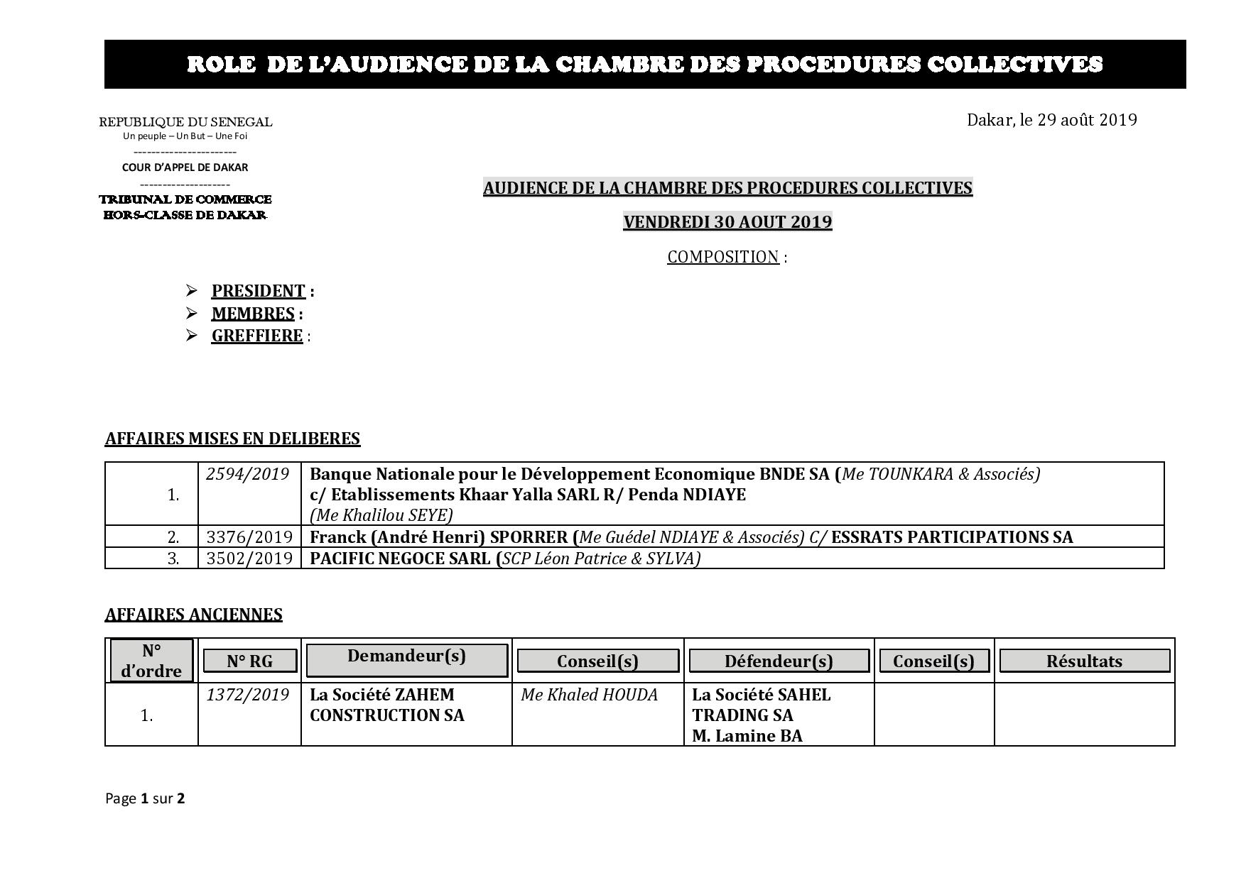 Tribunal du Commerce: Audiences de la chambre des Procédures Collectives de ce vendredi 30 août 