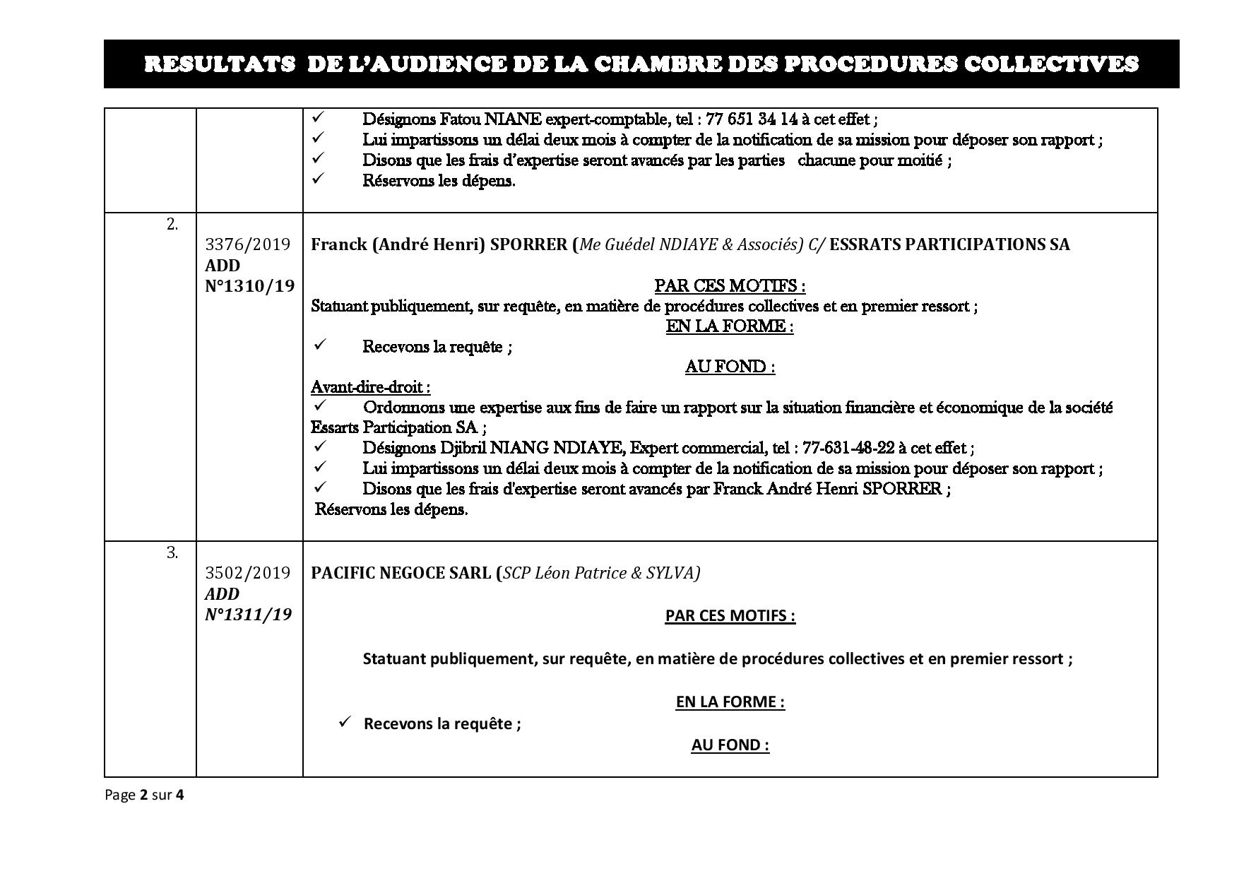 Tribunal du Commerce: Délibérés des Audiences du vendredi 30 août 2019