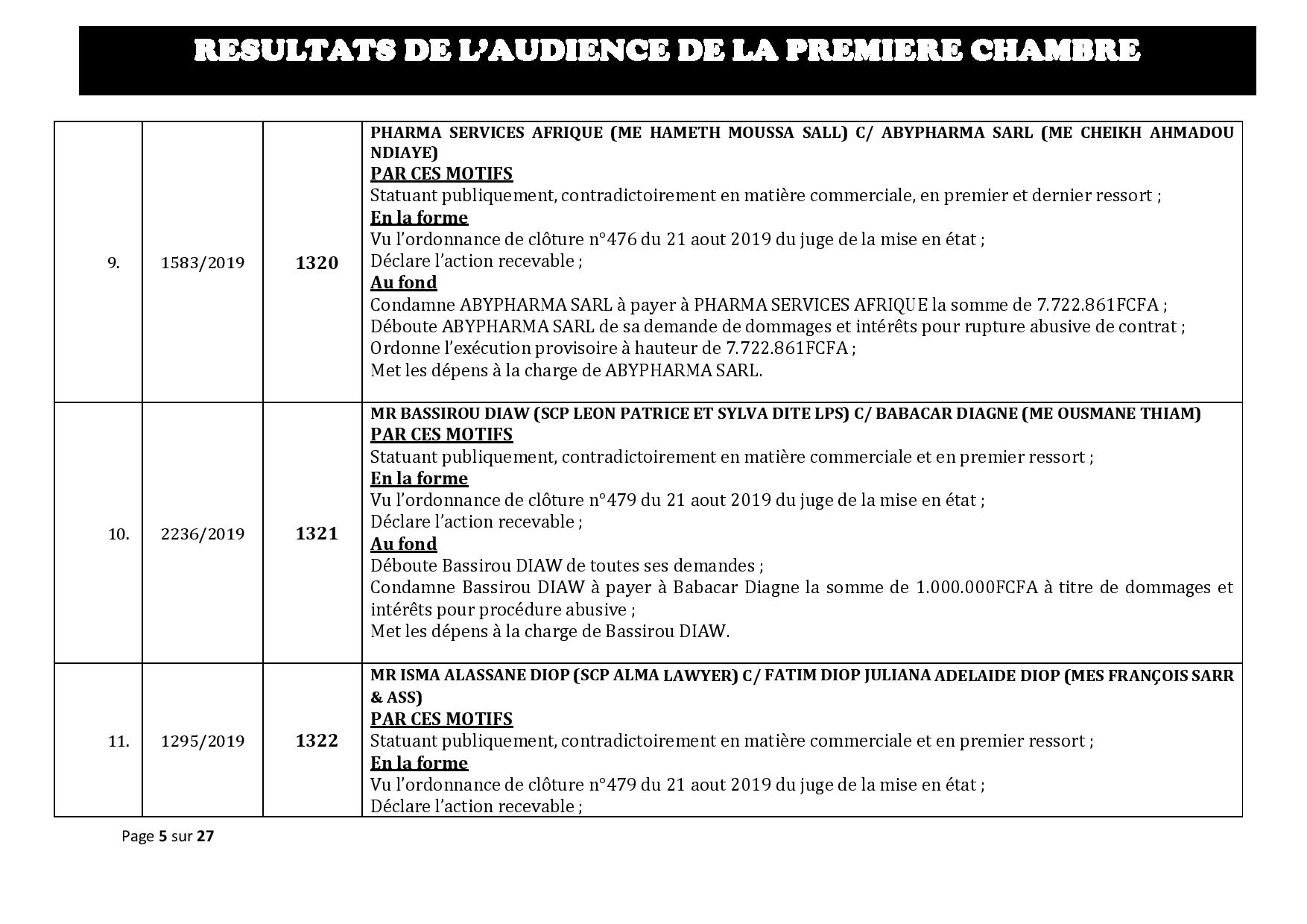 Tribunal du Commerce: Délibérés des Audiences du mercredi 4 septembre