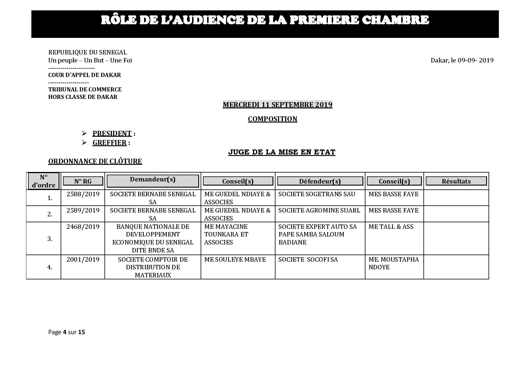 Tribunal du Commerce: Audiences de la Première Chambre de ce mercredi 11 septembre