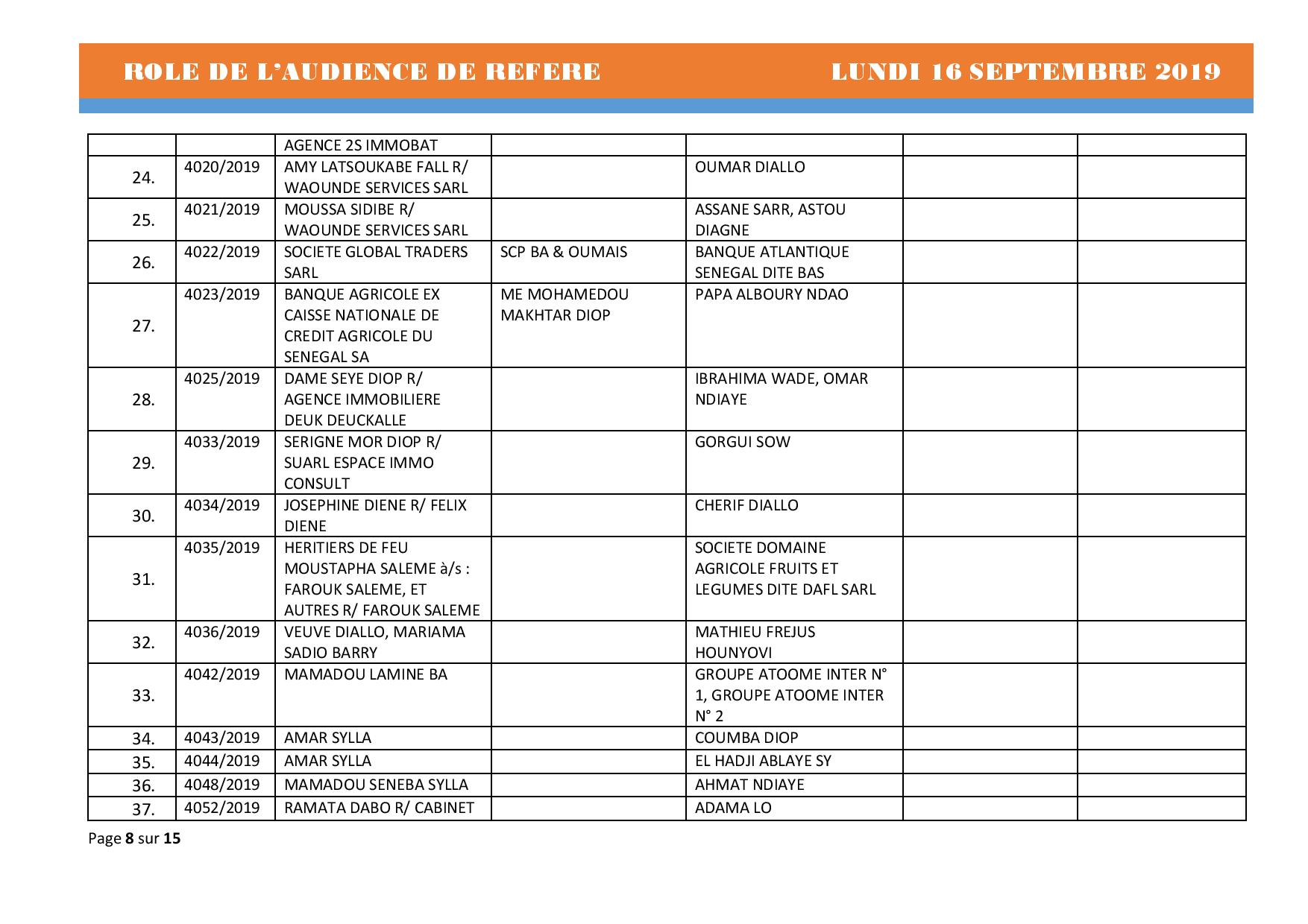 Tribunal du Commerce: Audiences des Référés de ce lundi 16 septembre