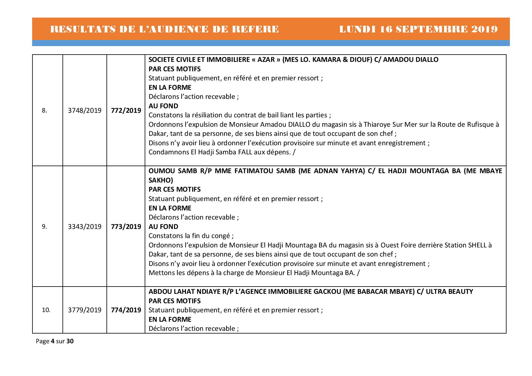 Tribunal du Commerce: Délibérés des Audiences du lundi 16 septembre