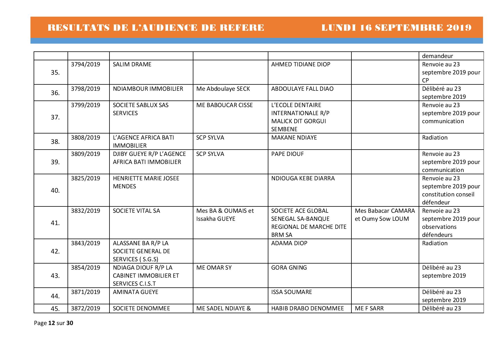 Tribunal du Commerce: Délibérés des Audiences du lundi 16 septembre