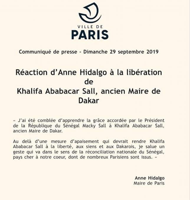 Libération de Khalifa Sall:  la réaction d'Anne Hidalgo, maire de Paris