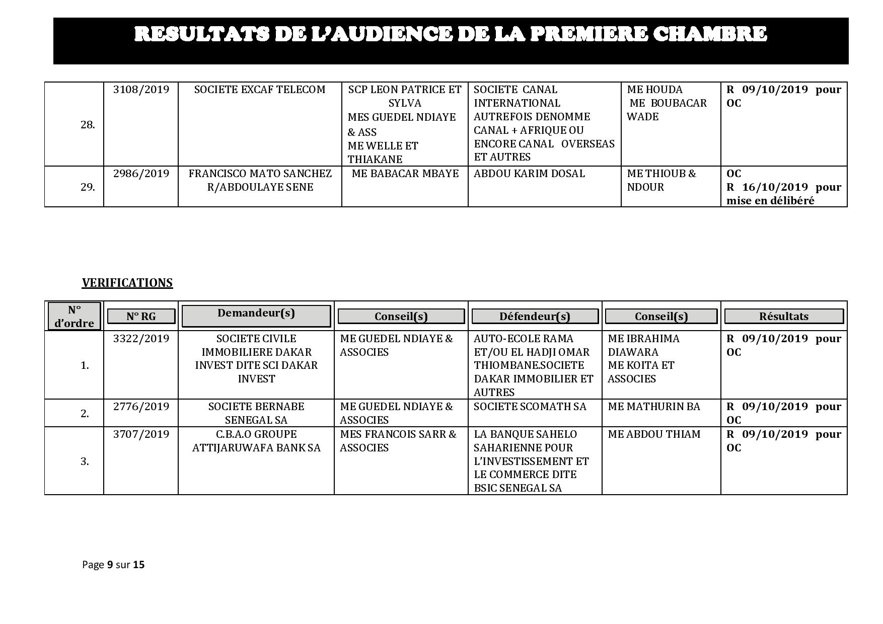 Tribunal du Commerce: Délibérés des Audiences du mercredi 2 octobre