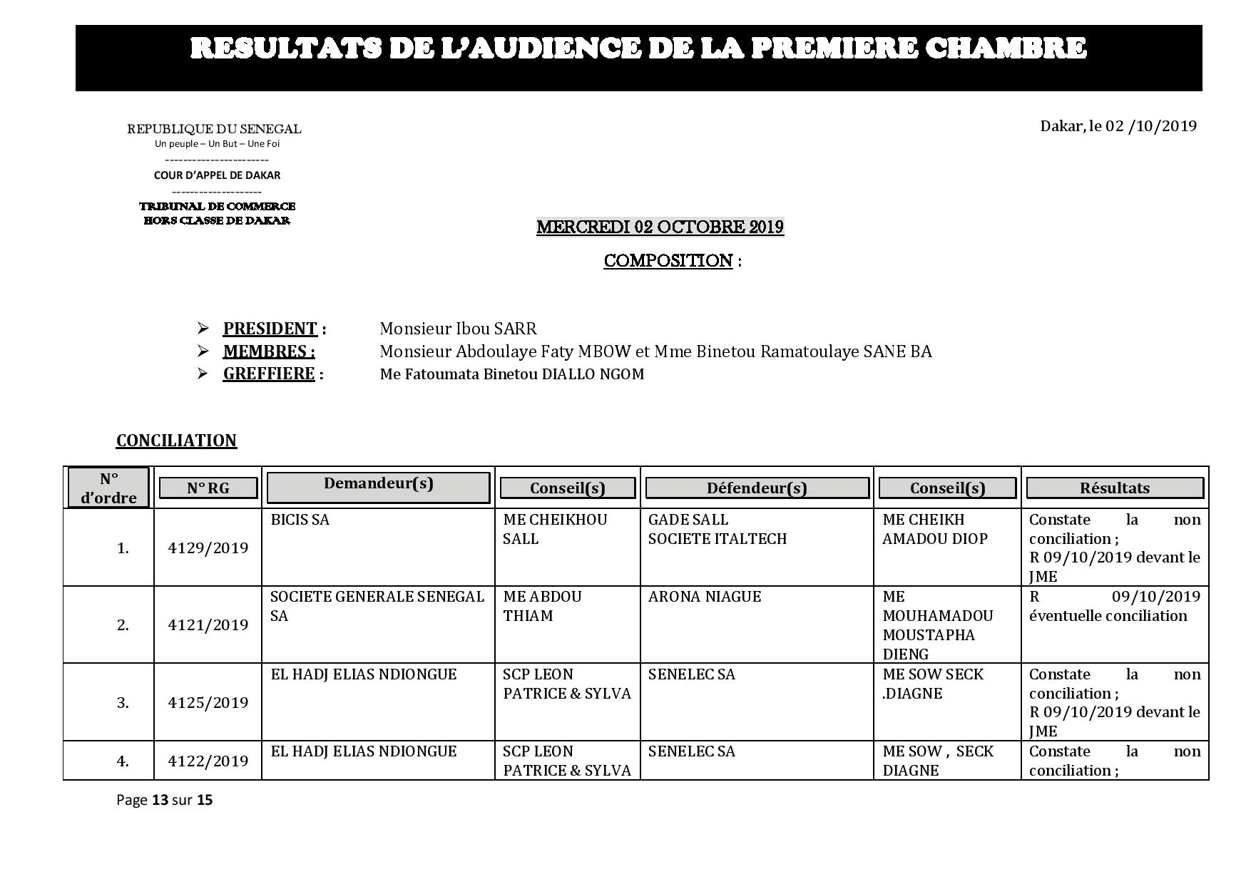 Tribunal du Commerce: Délibérés des Audiences du mercredi 2 octobre