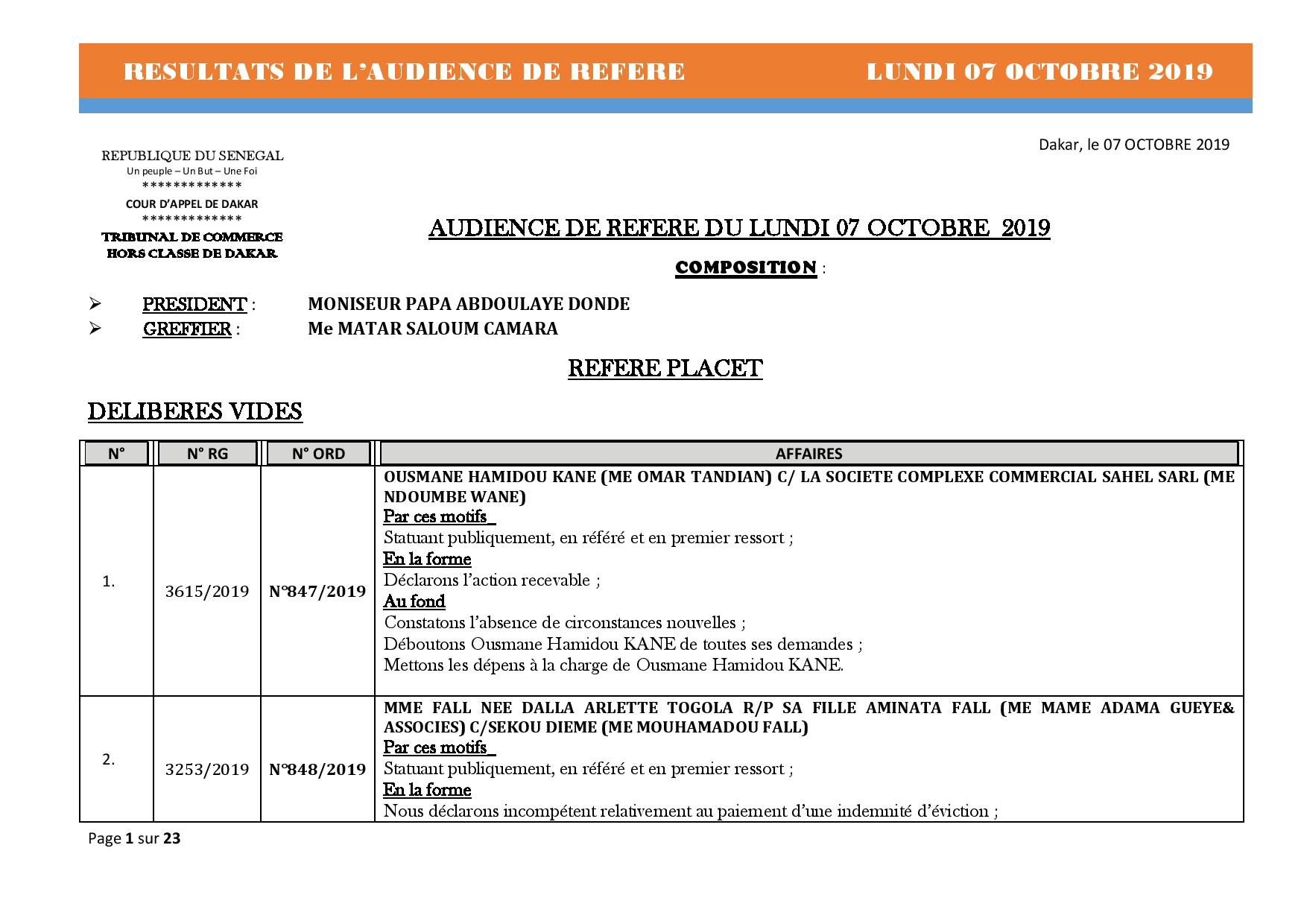 Tribunal du Commerce: Délibérés des Audiences de Référés du lundi 7 octobre