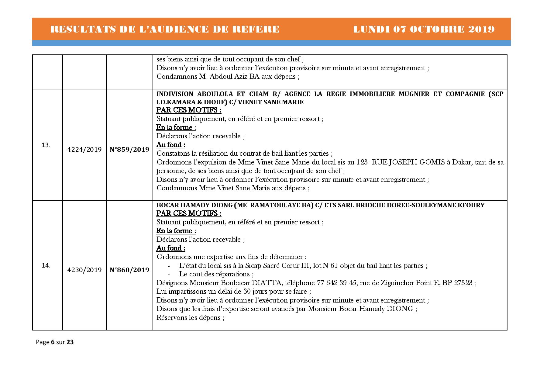 Tribunal du Commerce: Délibérés des Audiences de Référés du lundi 7 octobre