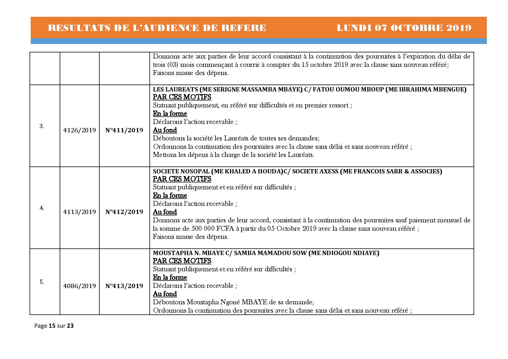 Tribunal du Commerce: Délibérés des Audiences de Référés du lundi 7 octobre