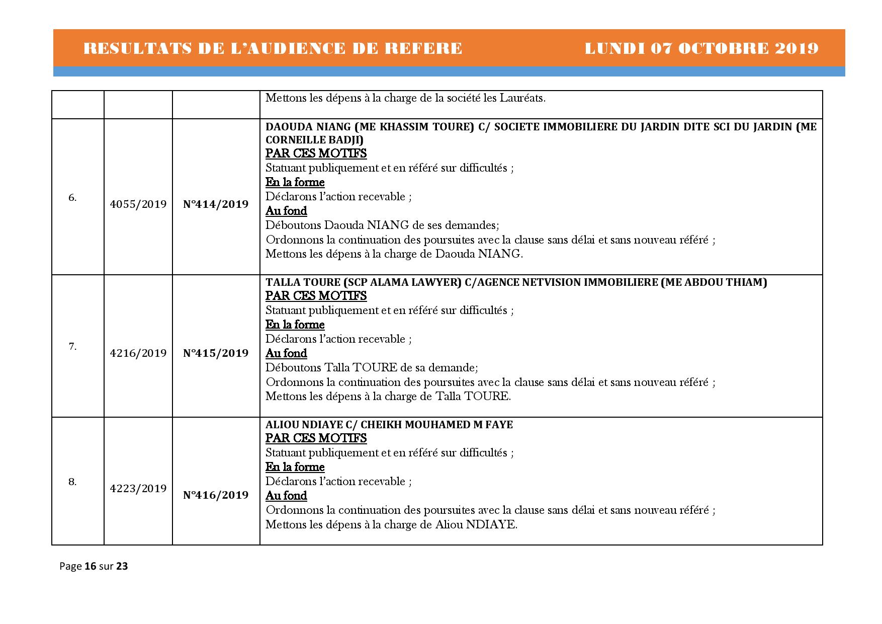 Tribunal du Commerce: Délibérés des Audiences de Référés du lundi 7 octobre