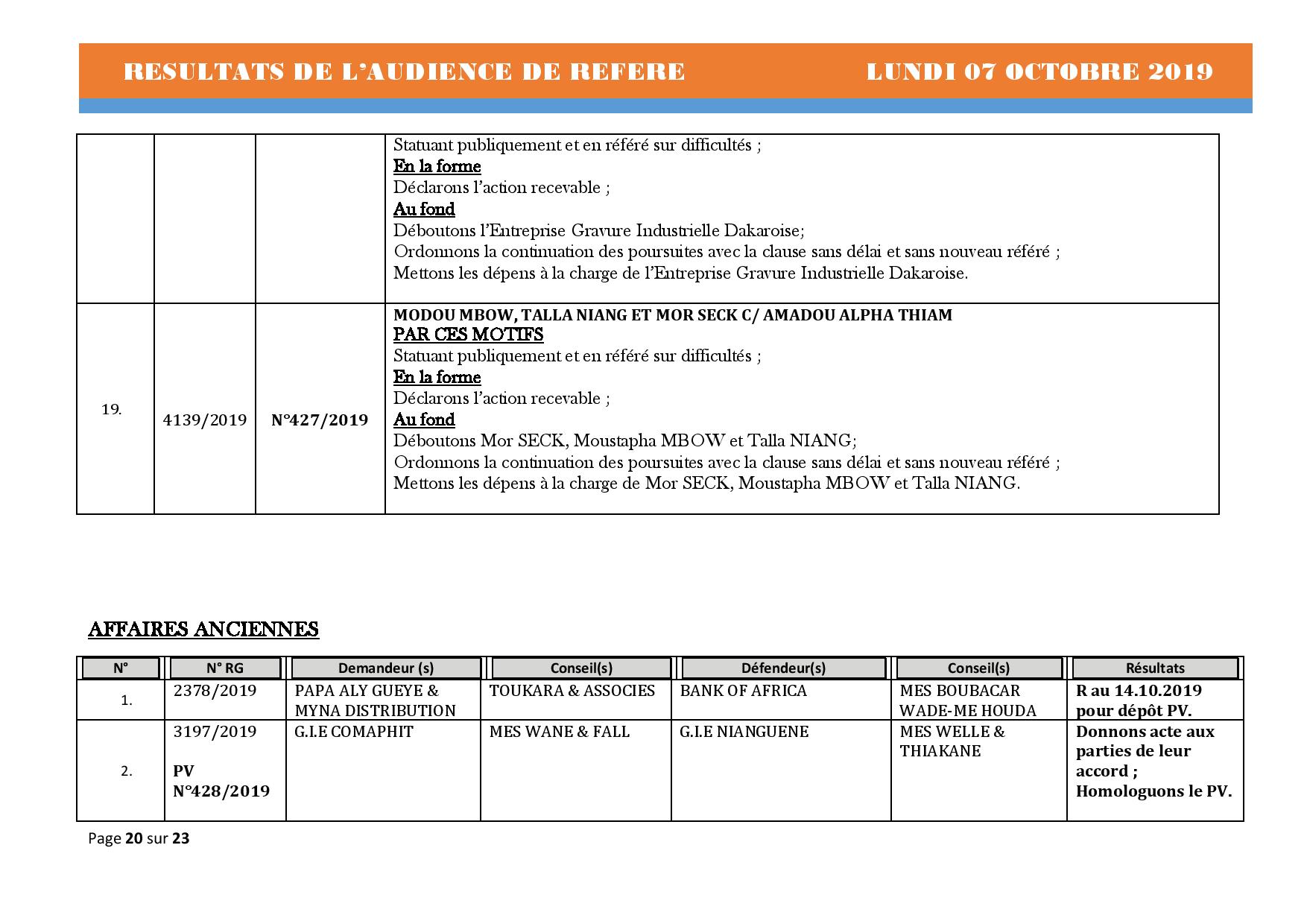 Tribunal du Commerce: Délibérés des Audiences de Référés du lundi 7 octobre