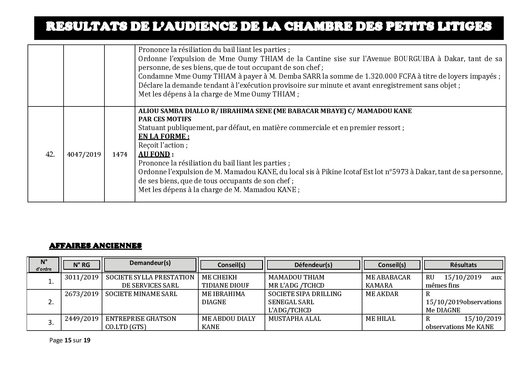 Tribunal du Commerce: Délibérés des Audiences de la Chambre des Petits Litiges du mardi 8 octobre