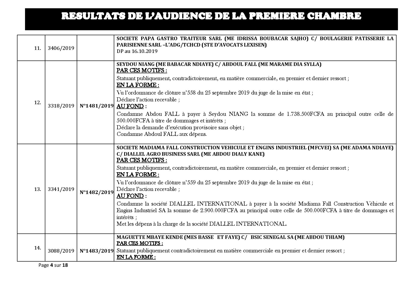Tribunal du Commerce: Délibérés des Audiences du mercredi 9 octobre