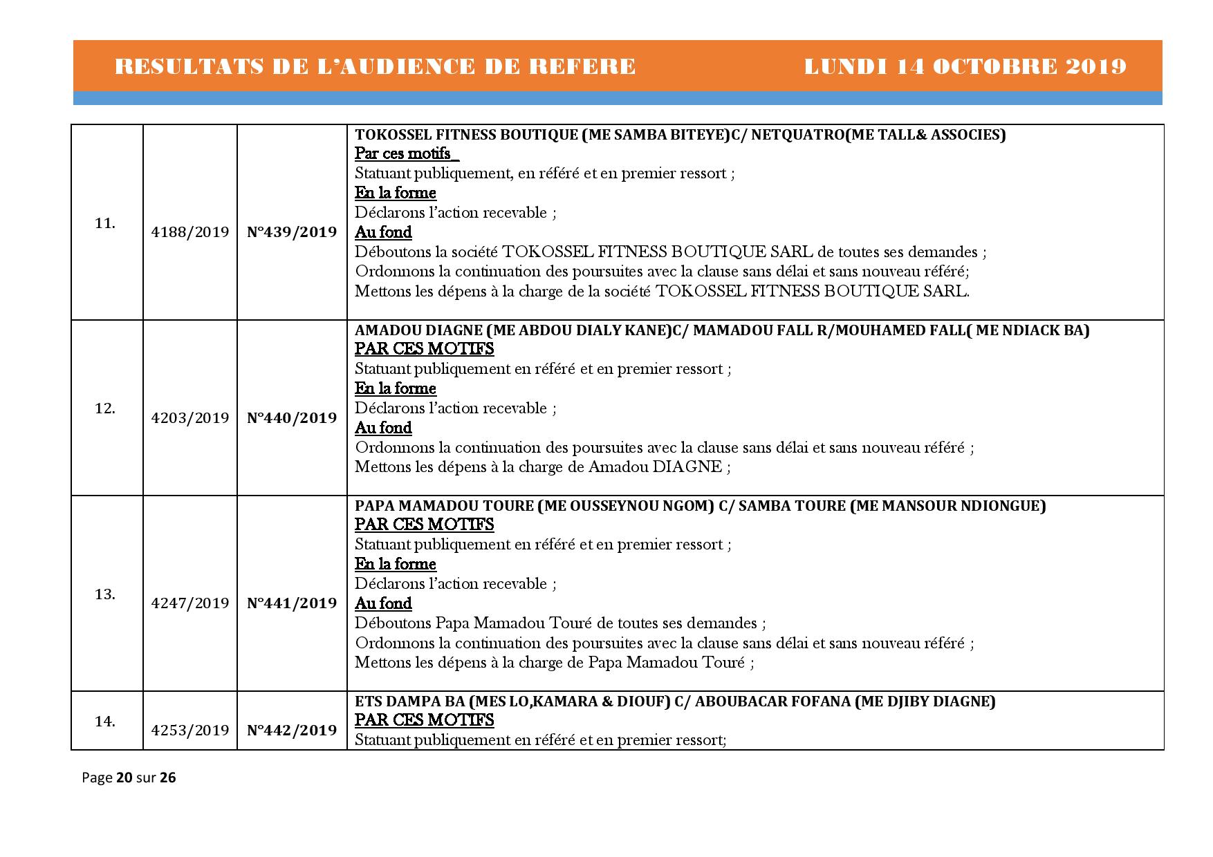 Tribunal du Commerce: Délibérés des Audiences de Référés du lundi 14 octobre 