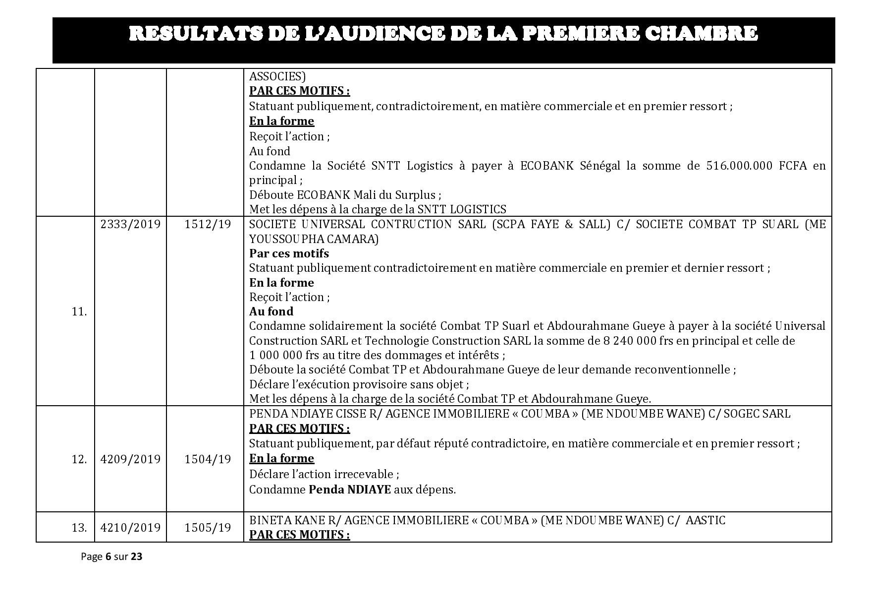 Tribunal du Commerce: Délibérés des Audiences du mercredi 16 octobre