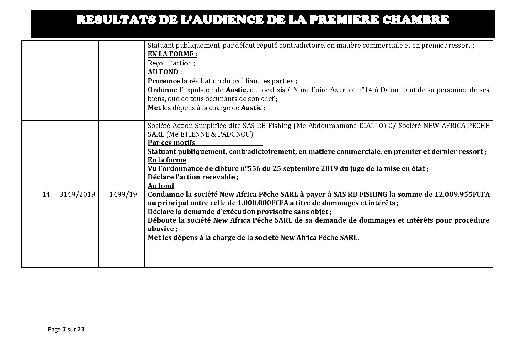 Tribunal du Commerce: Délibérés des Audiences du mercredi 16 octobre