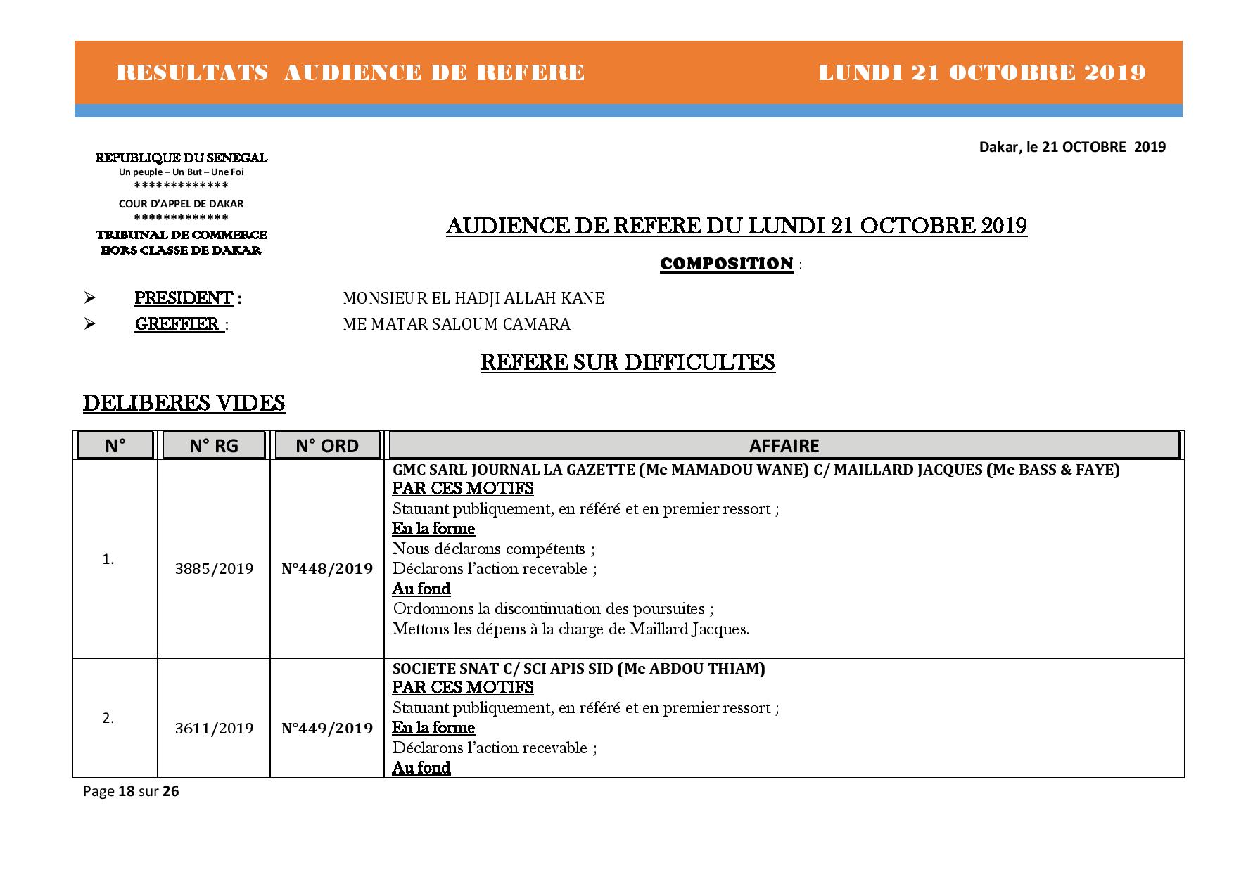 Tribunal du Commerce: Délibérés des Audiences de Référés du lundi 21 octobre 